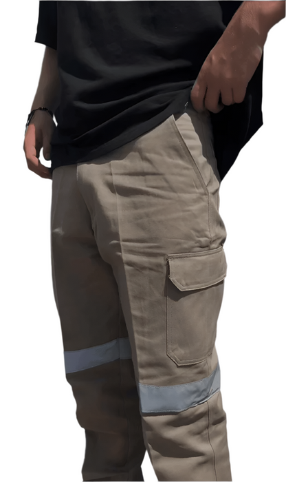 Master High-Visibility Work Cargo Pants, Heavy Duty Cotton Drill 310gsm, Reflective Tape, Khaki