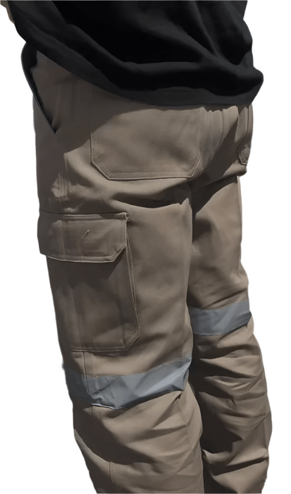 Master High-Visibility Work Cargo Pants, Heavy Duty Cotton Drill 310gsm, Reflective Tape, Khaki