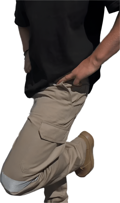 Master High-Visibility Work Cargo Pants, Heavy Duty Cotton Drill 310gsm, Reflective Tape, Khaki